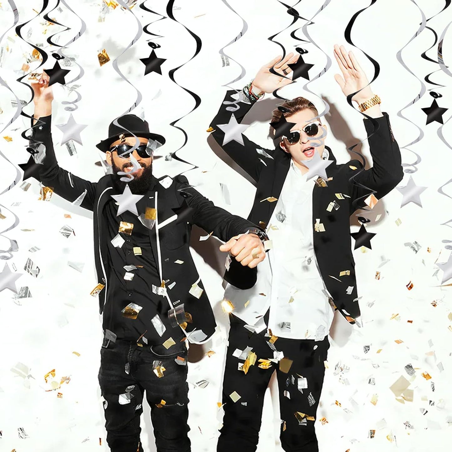 BEISHIDA Black Silver Stars Hanging Swirls Bachelorette Graduation Hanging Ornament Decorations for Birthday Party Supplies Congrats Grade 2025 Graduation Decorations,Pack of 15