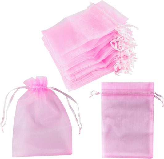 Super Z Outlet 100 Pack 5x7 Inch Mini Sheer Drawstring Organza Transparent Bags Jewelry Sack Pouches for Wedding, Party Decorations, Arts & Crafts Gifts (Pink)