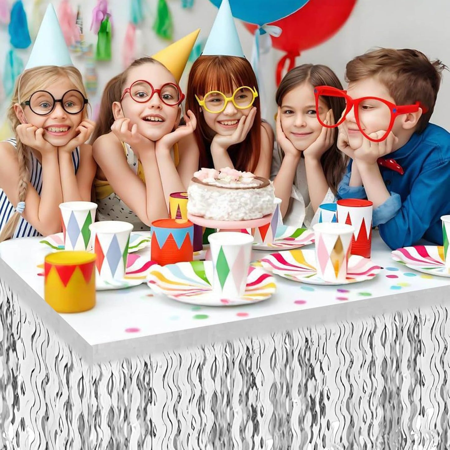 6 Pack 29x108 Inch Silver Wave Foil Fringe Table Skirts Metallic Banner for Tinsel Streamer Garland Backdrop for Parade Floats Wedding, Mother's Day, Birthday Mardi Gras Party Decorations