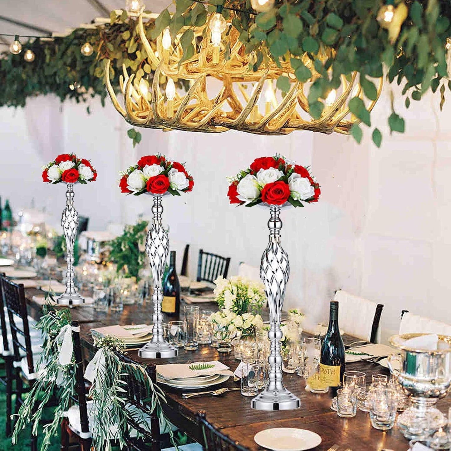 LANLONG 2pcs Metal Silver Candle Holders Road Lead Table Centerpiece Stand Pillar Candlestick for Wedding Candelabra Flowers Vases