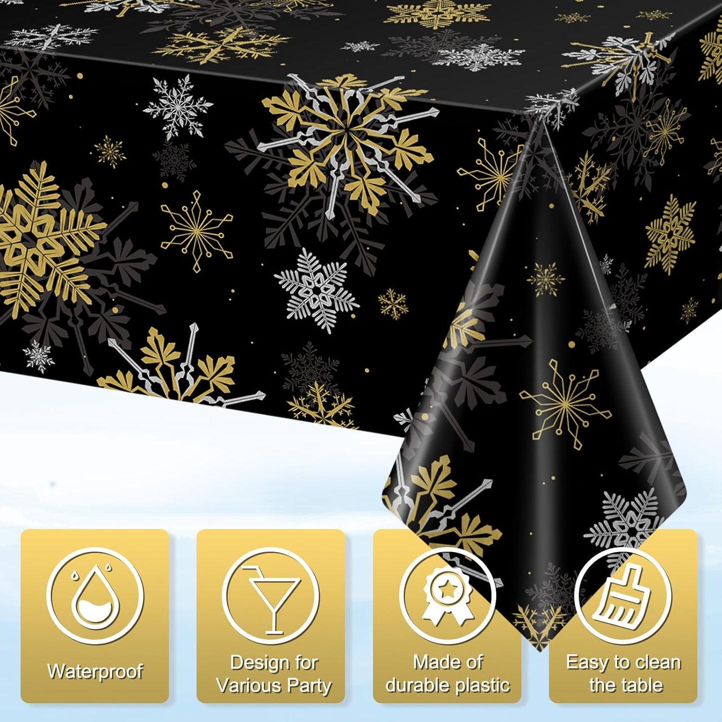 3Pcs Christmas Snowflake Party Tablecloths Decorations,Plastic Black and Gold Table Cloth,Winter Rectangle Table Cover for Christmas New Year Birthday Baby Shower Holiday Party Decorations,54x108 inch