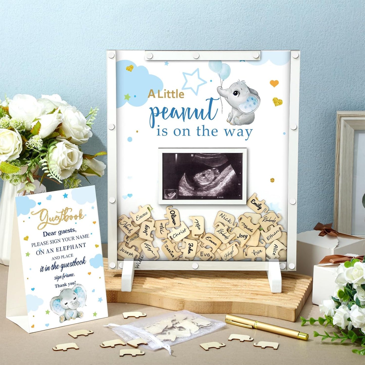 65 Pcs Elephant Theme Baby Shower Guest Book Alternatives Blue He or She Gender Reveal Baby Shower Decorations Sign in Guest Book with Picture Frame and 60 Wooden Chip
