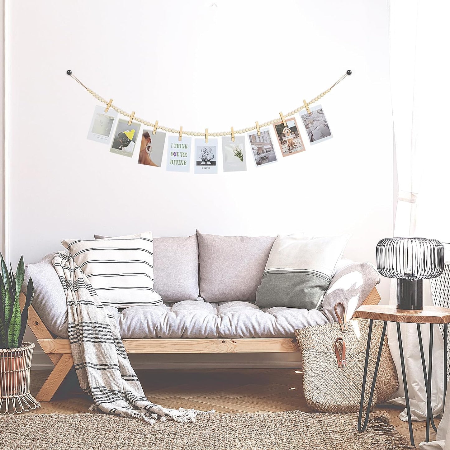 Hanging Photo Display Wall Decor, 3PCS Boho Wooden Bead Garland Collage Picture Frame with 9 Wood Clips for Bedroom, Living Room, Office, Dorm Decor, Photos Holder Teen Girl Gifts