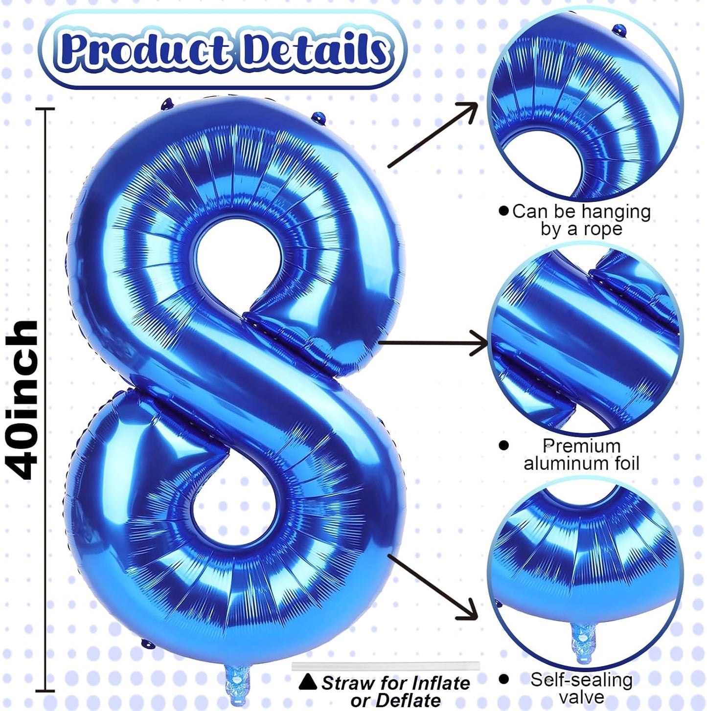 40 Inch Balloon Number 8 Navy Blue, Large Dark Royal Blue Foil Number 8 Balloons Set 0-9 for Men, Self Inflating Digital 8 Helium Balloons for Boys Birthday Anniversary Baby Shower Party Decorations