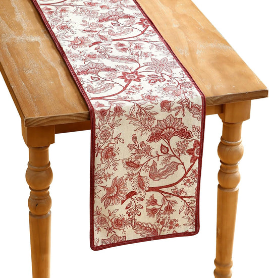 ISAENNE Designer Chinoiserie Elegant Linen Table Runner 87 Inches Long,Red Floral Pattern Decor Table Runners for Thanksgiving,Dining Room,Banquet,Kitchen Tables,Christmas,12"*87"-Ruyi A
