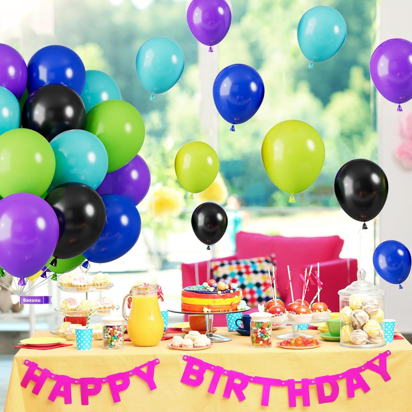 Green Purple Blue Balloons, 12 Inch Purple Green Teal Black Latex Balloons, Royal Blue Helium Support Balloon for Boys Girls Monster Theme Birthday Baby Shower Video Game Party Decorations