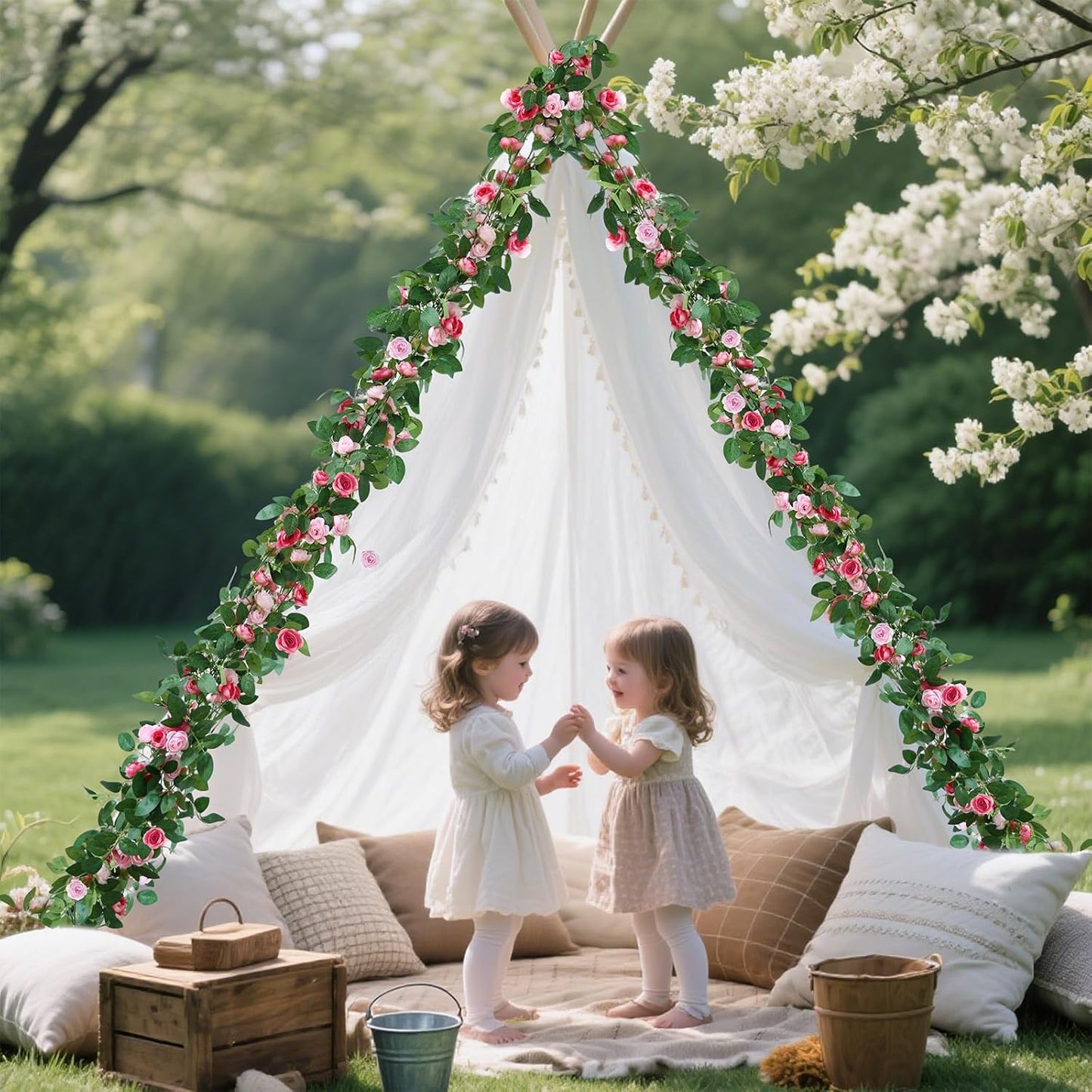 4 Packs Artificial Rose Garland: 31.48Ft Each Fake Flower Vine with Improved Color & 10 Ties for Wedding Arch Backdrop, Home Wall Party Decor, Christmas Decor, Pink