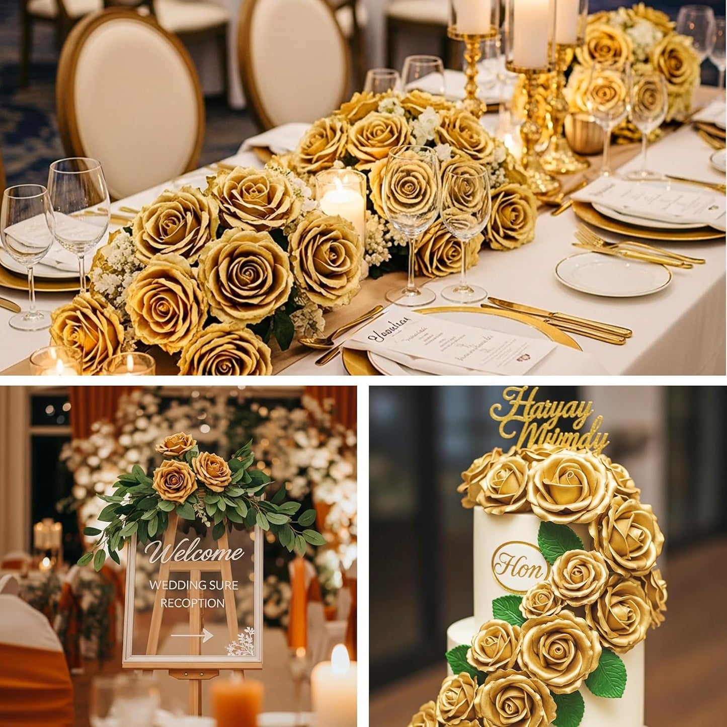 Auihiay 60PCS Gold Rose Artificial Flowers, Faux Silk Roses, Realistic Roses Bouquet for Anniversary, Baby Shower, Birthday, Graduation, Table Centerpieces, Cake Flower, Valentine's Day Decorations