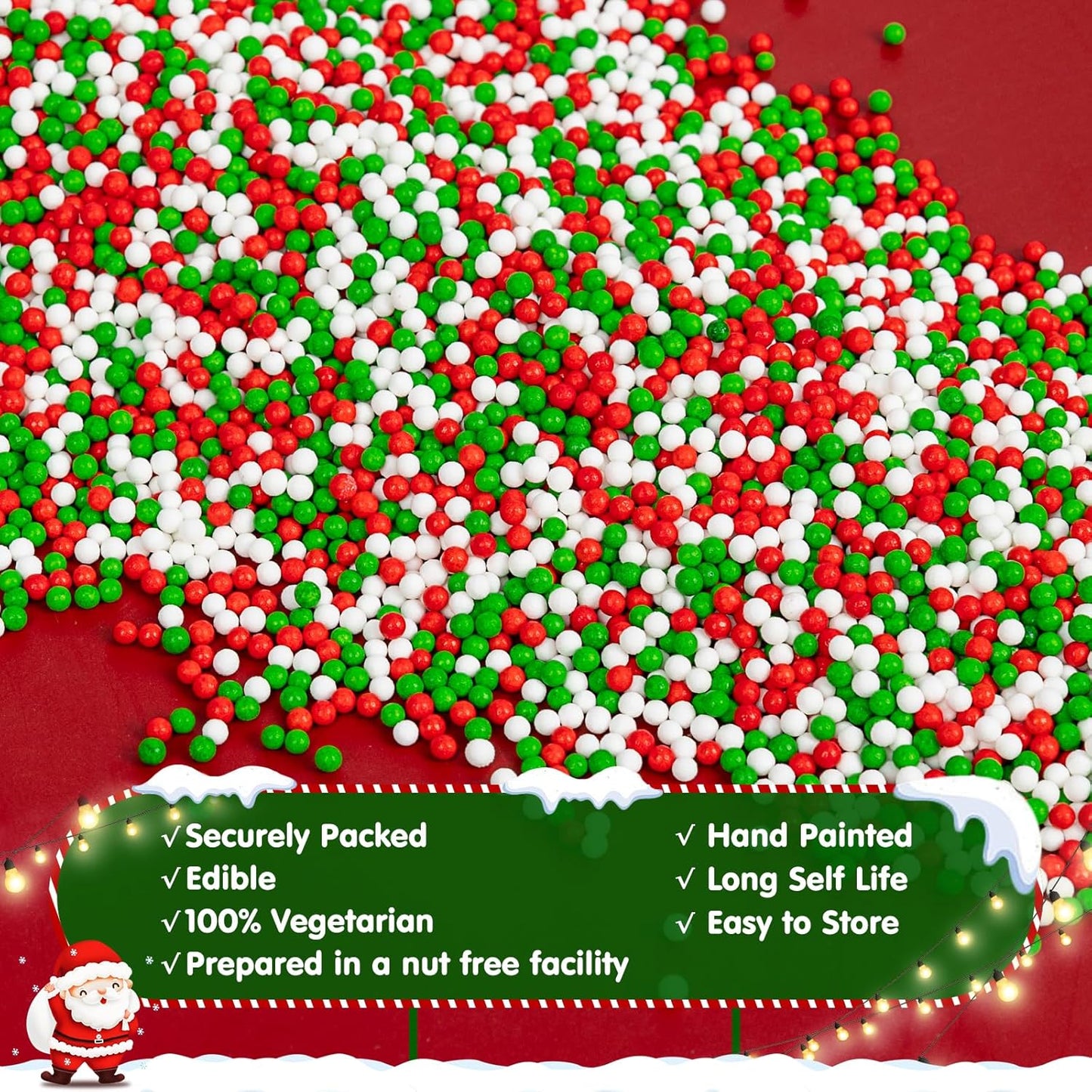 Christmas Nonpareils Sprinkles for Cake Decorating,130g White Red and Green Mini Pearls Mix,Edible Sugar Holiday sprinkle for Cupcake Toppers, Cookie, Ice Cream Decorations Christmas Party Supplies