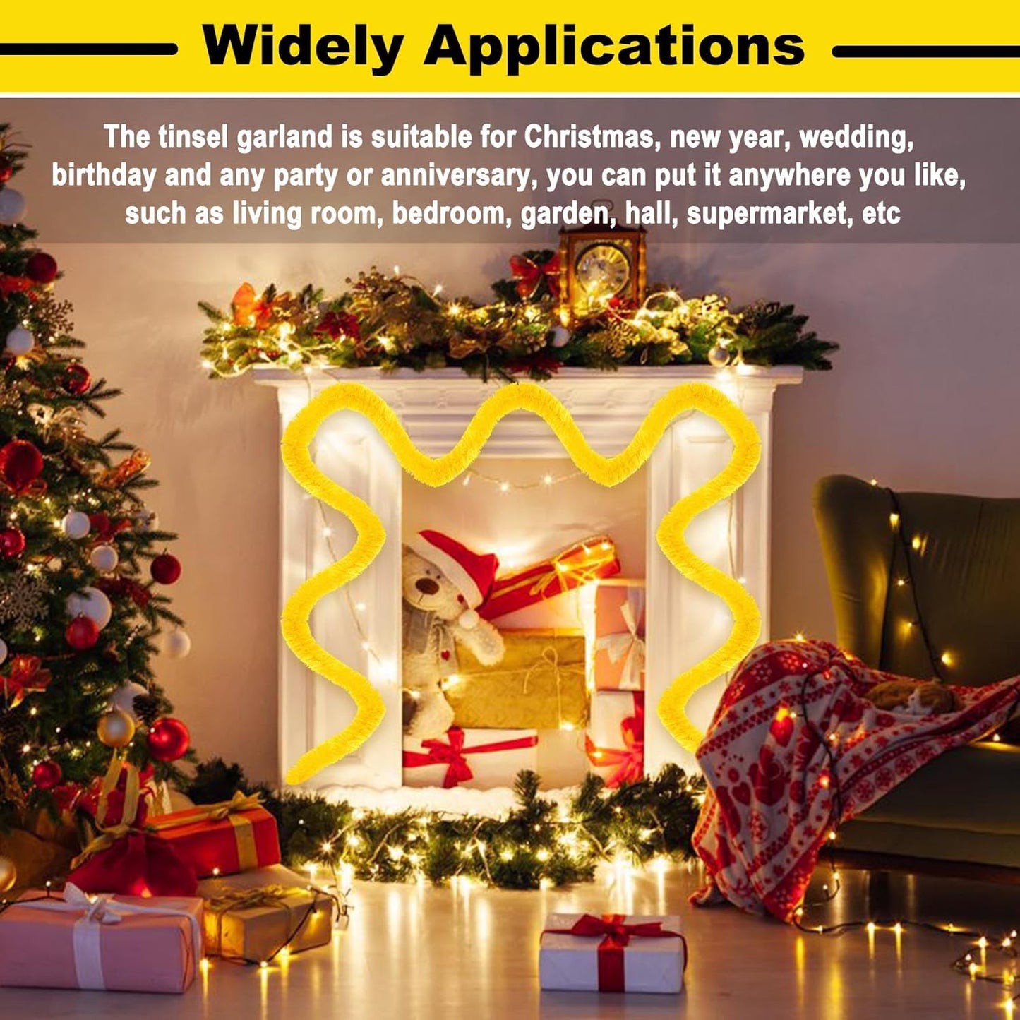 25 Feet Metallic Twist Tinsel Garland Backdrop for Parade Floats, Christmas Eve, New Year, Valentine's Day Party Decorations (Macaron Yellow, 4in x 25ft)