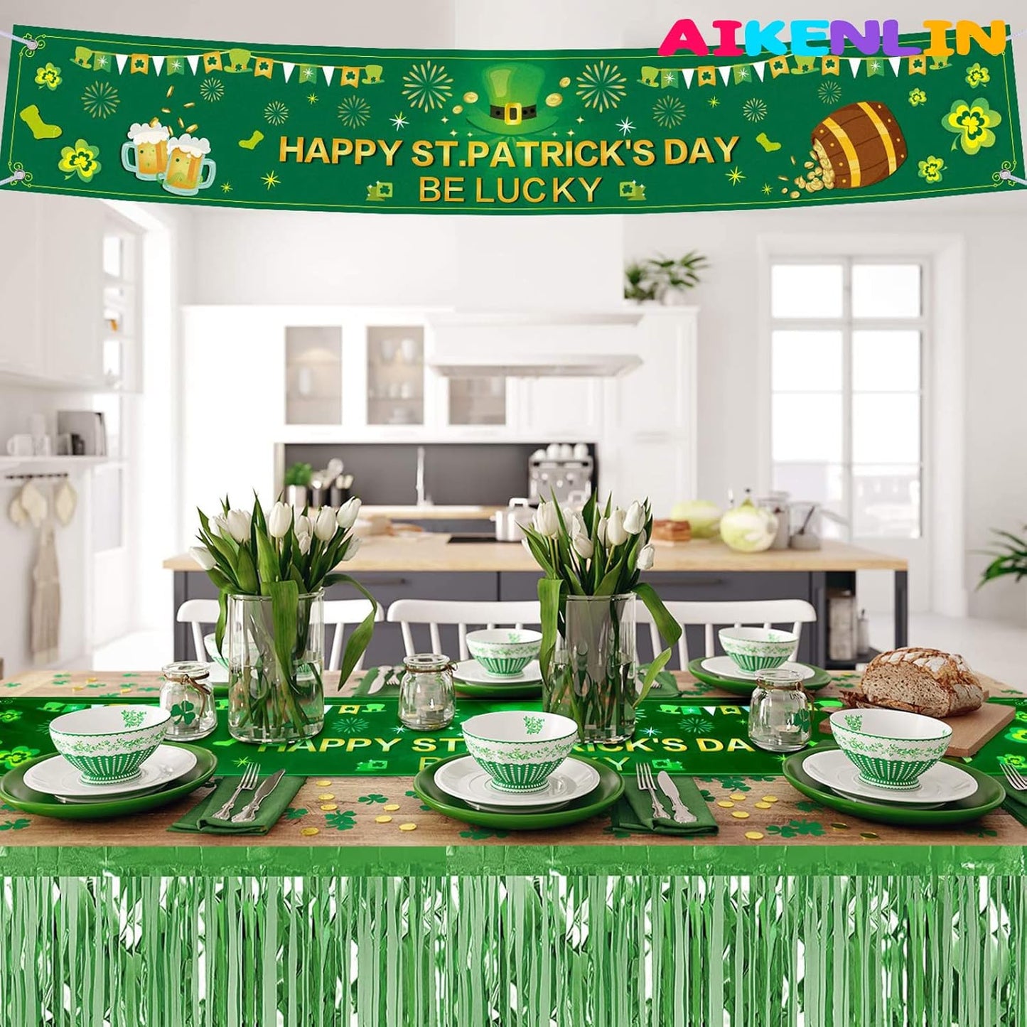 6 Pack 29x108 Inch Metallic Foil Fringe Tinsel Table Skirts Banner for Rectangle Tables Streamer Curtains Backdrop for Wedding, Birthday, Parade Floats, St Patrick Day Party Decoration(Light Green)