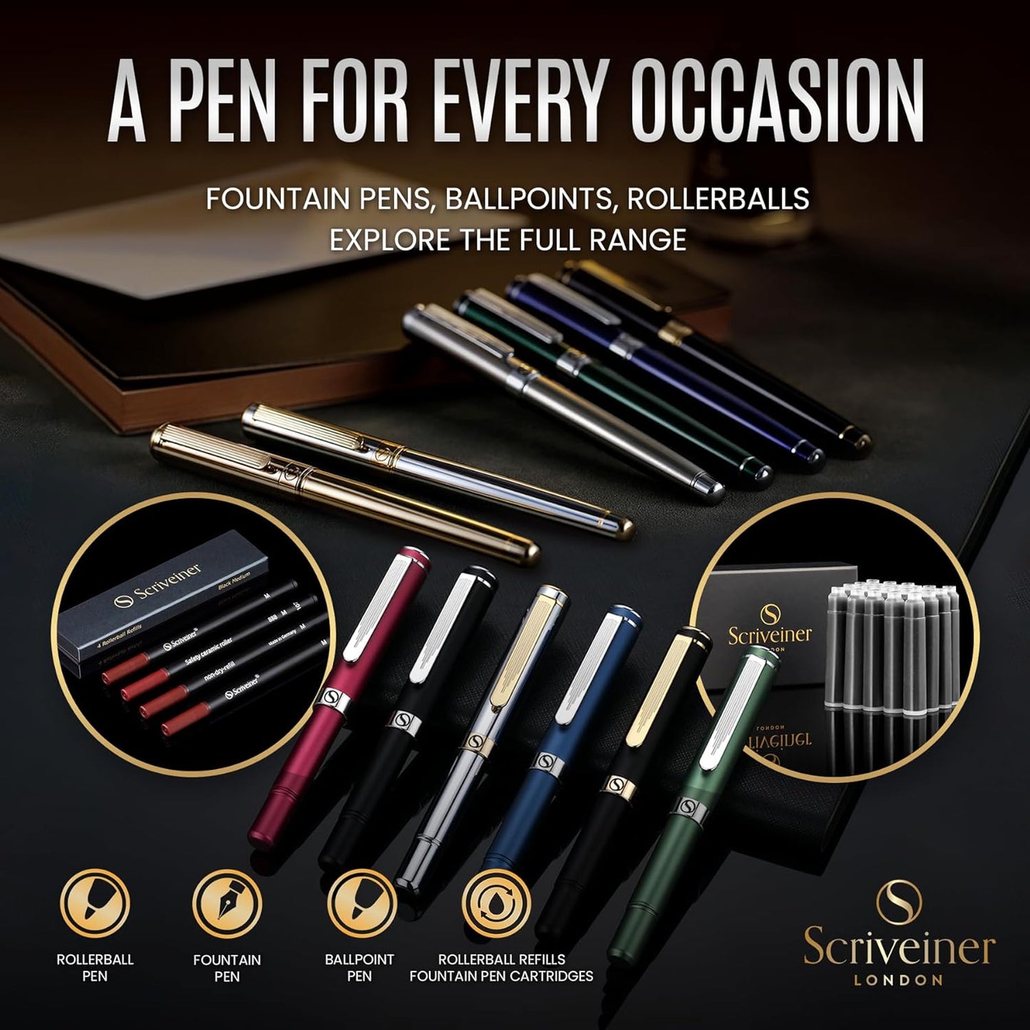Scriveiner Deep Crimson Red Fountain Pen - Stunning Luxury Pen with Chrome Finish, Schmidt Nib (Fine), Best Pen Gift Set for Men & Women, Professional, Executive, Office, Nice Pens