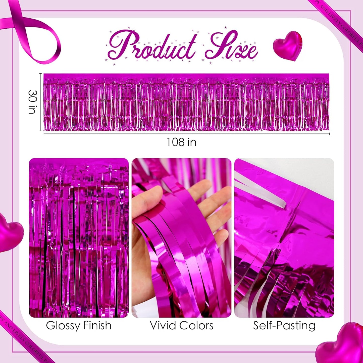 2 Pack Rose Red Table Skirts, 29x108" Metallic Foil Tinsel Fringe Table Skirts for Rectangle Tables Streamer Curtains Backdrop, Party Decorations for Birthdays Weddings Holidays