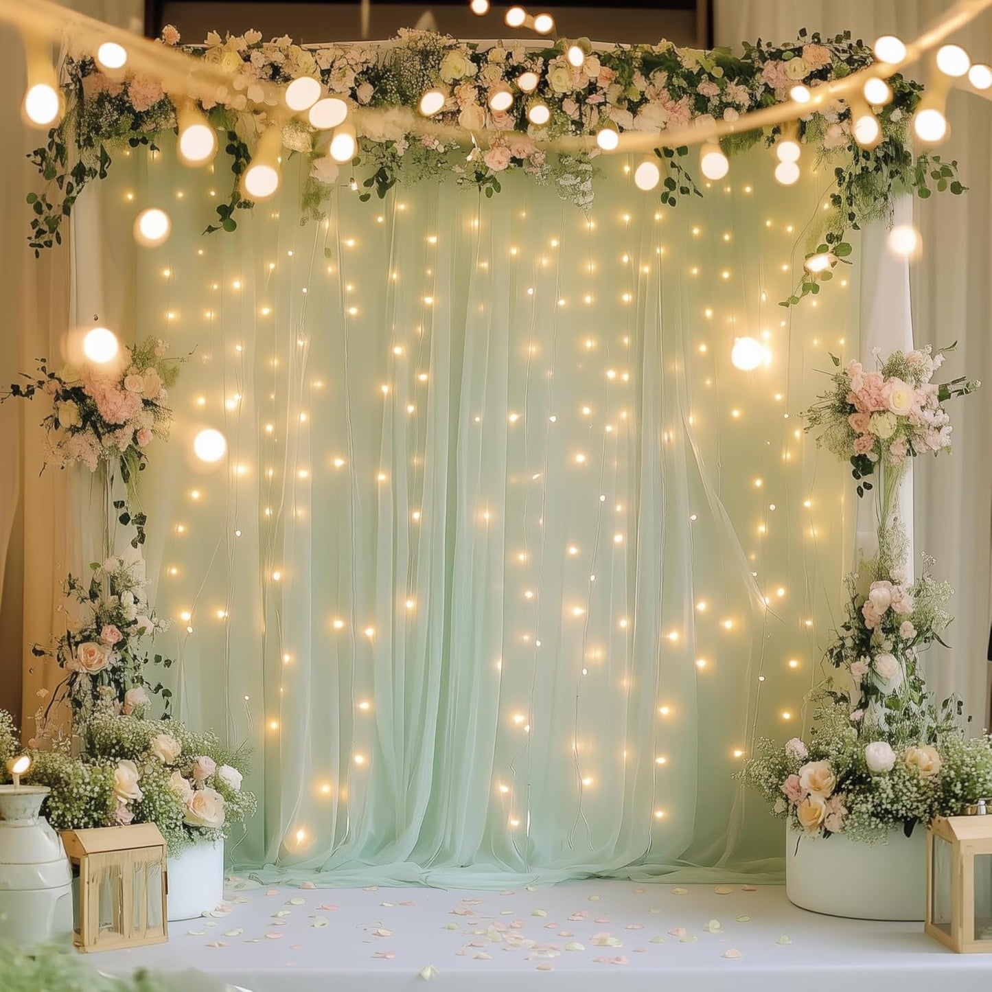 Fomcet Sage Green Tulle Backdrop Curtains with Lights String 10FT X 8FT Sheer Curtain with Lights Tulle Curtains Backdrop for Wedding Birthday Party Photo Shoot (2 Panels 5x8FT)