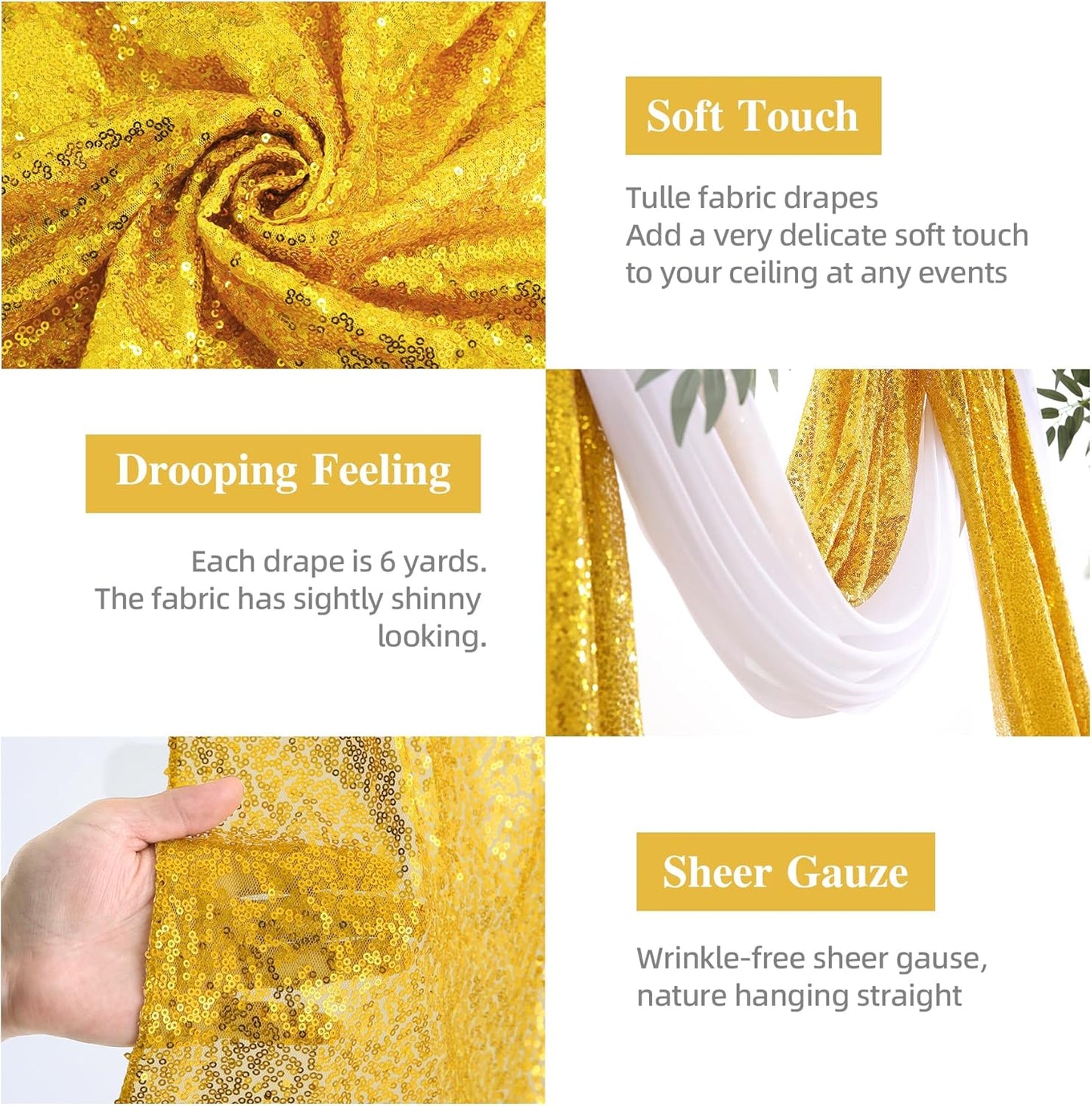 Wedding Arch Draping Fabric, 1 Panel 28" x19ft White Arch Drapes & 1 Panel 16" x19ft Gold Sequin Fabric Drapes Arbor Backdrop Curtain for Wedding Arch Ceremony Bridal Shower Reception