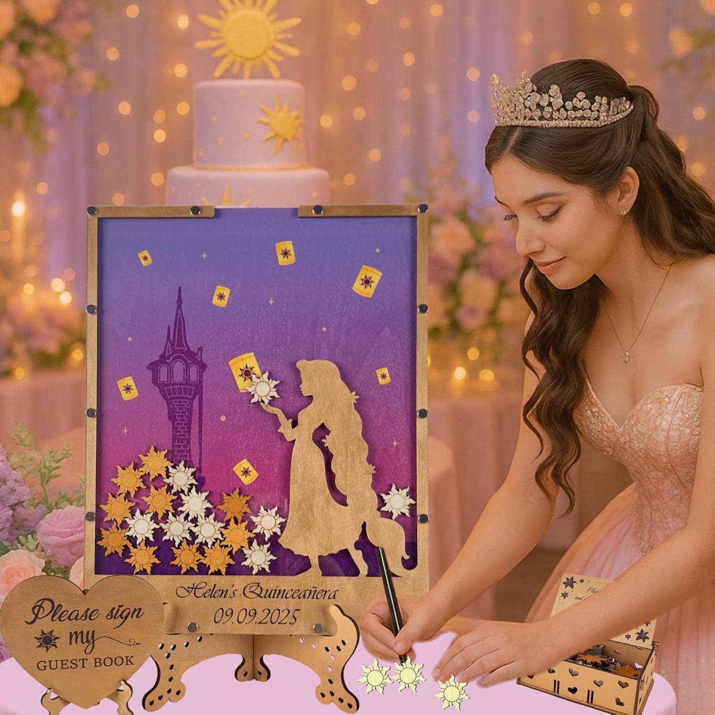 Princess Guest Book Alternative | Quinceañera Sweet XV Wooden Dropbox Frame with Lantern Tokens | Personalized Fairytale Guestbook Keepsake