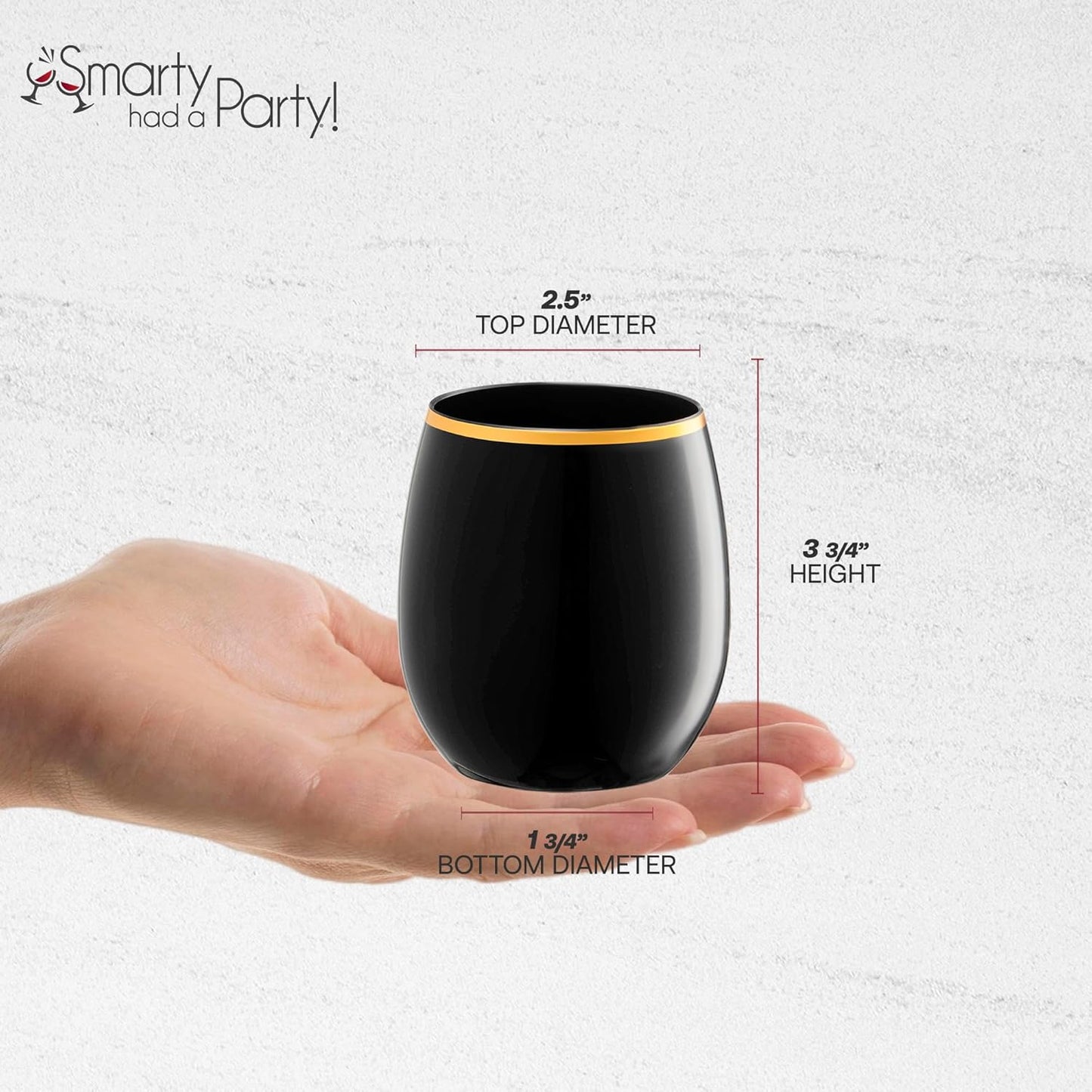 Smarty Had A Party 12 oz Wine Glasses Pack of 64 Black with Gold Stemless Unbreakable Plastic Glasses, Disposable or Reusable for Parties, Weddings, and Events