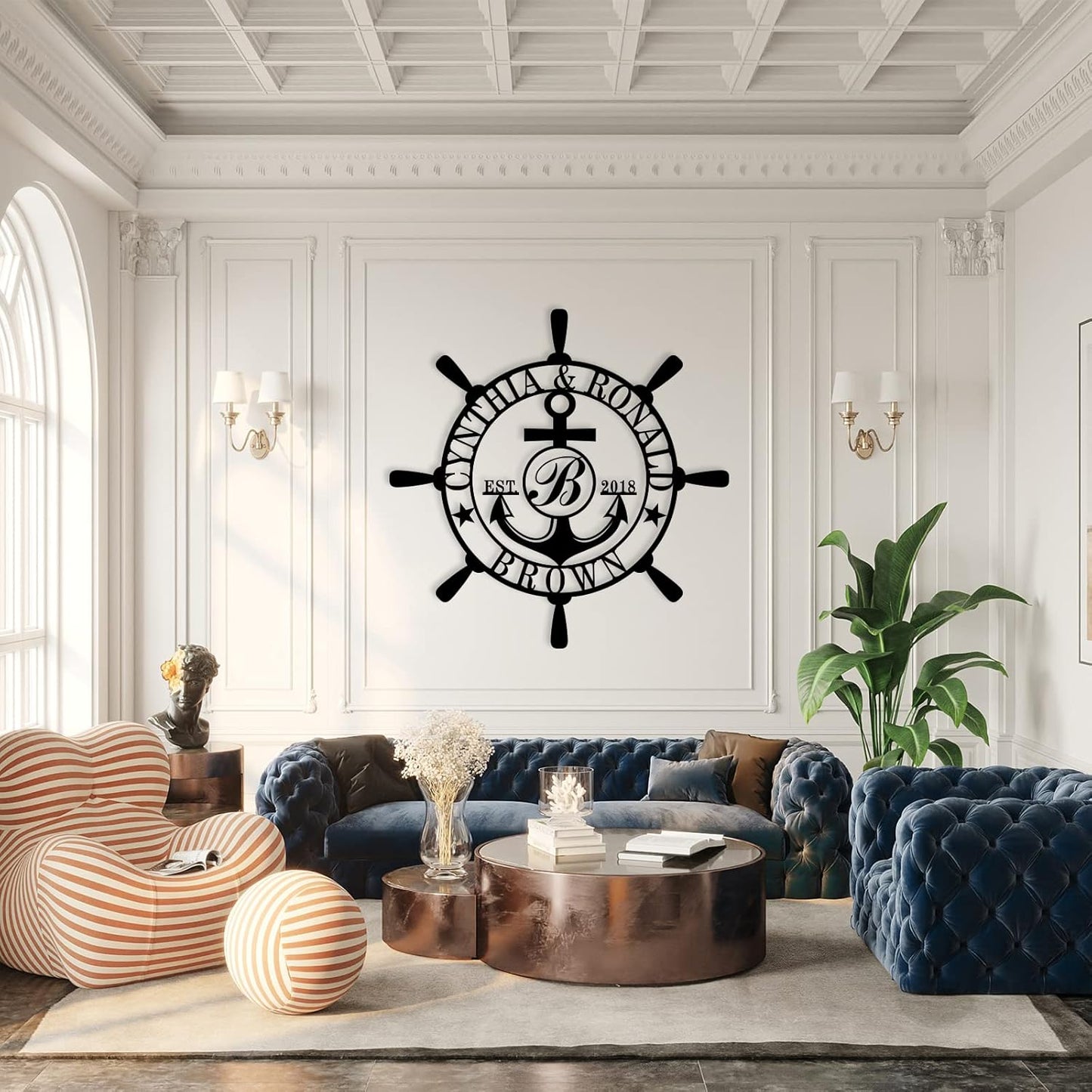 Customized Family Name Sign, Nautical Wall Decor, Anchor Compass Metal Sign, Initial Split Letter Monogram Sign, Last Name signs, Personalized Housewarming Gift