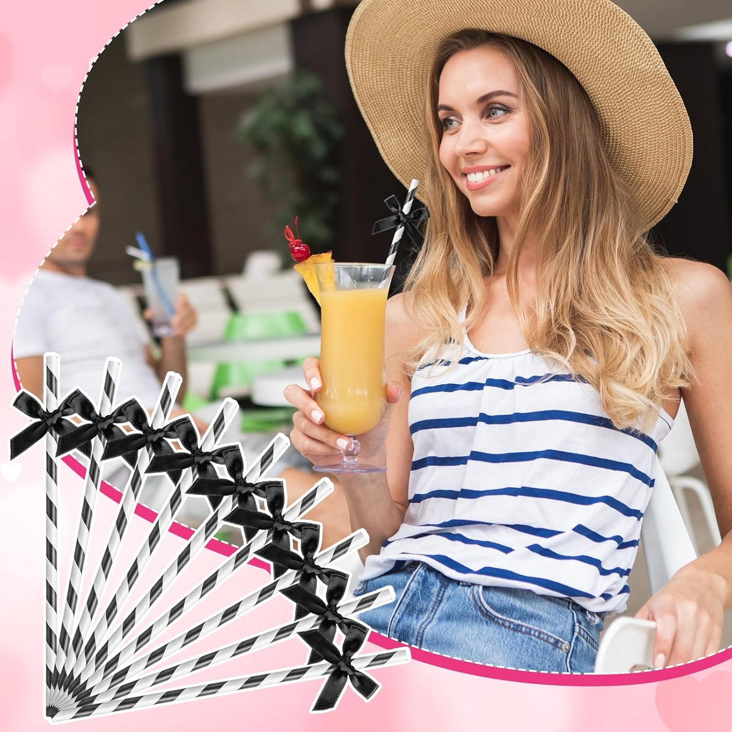 50 Pcs Black Bow Paper Straws for Drinking, Black and White Striped Straw Bulk Disposable Bachelorette Party Supplies for Wedding Birthday Baby Shower Party Decorations