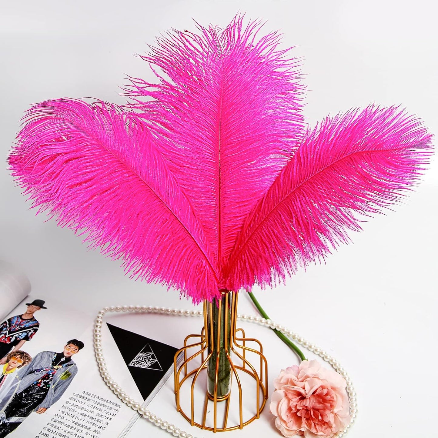 THARAHT Hot Pink Ostrich Feathers 24pcs Natural Bulk 10-12Inch 25cm-30cm for Crafts Wedding Party Centerpieces Easter Gatsbi and Home Decoration Feathers