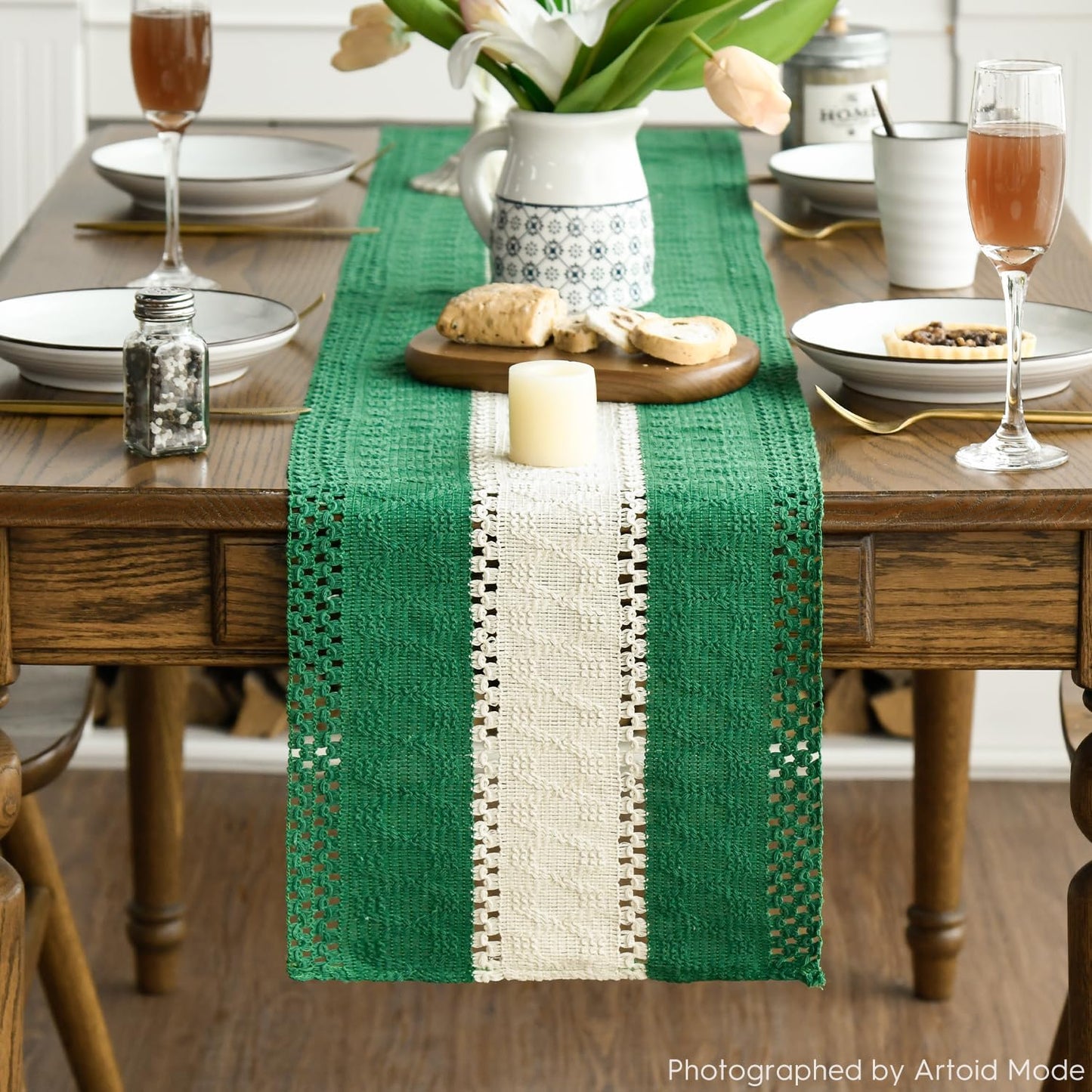 Artoid Mode Dark Green Farmhouse Rustic Table Runner, Seasonal Hollow Kitchen Dining Table Decoration for Home Party Decor 12x36 Inch