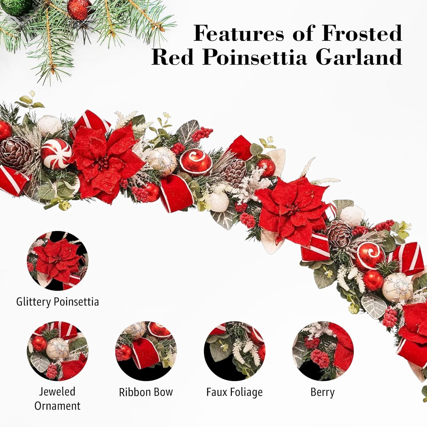 5 ft Christmas Garland for Mantle Unlit Garland for Stairs Railing, Banister, Staircase, Fireplace, for Table No Light, Garland Decor Frosted Red Poinsettia Holiday Tree (Frosted Red Poinsettia)