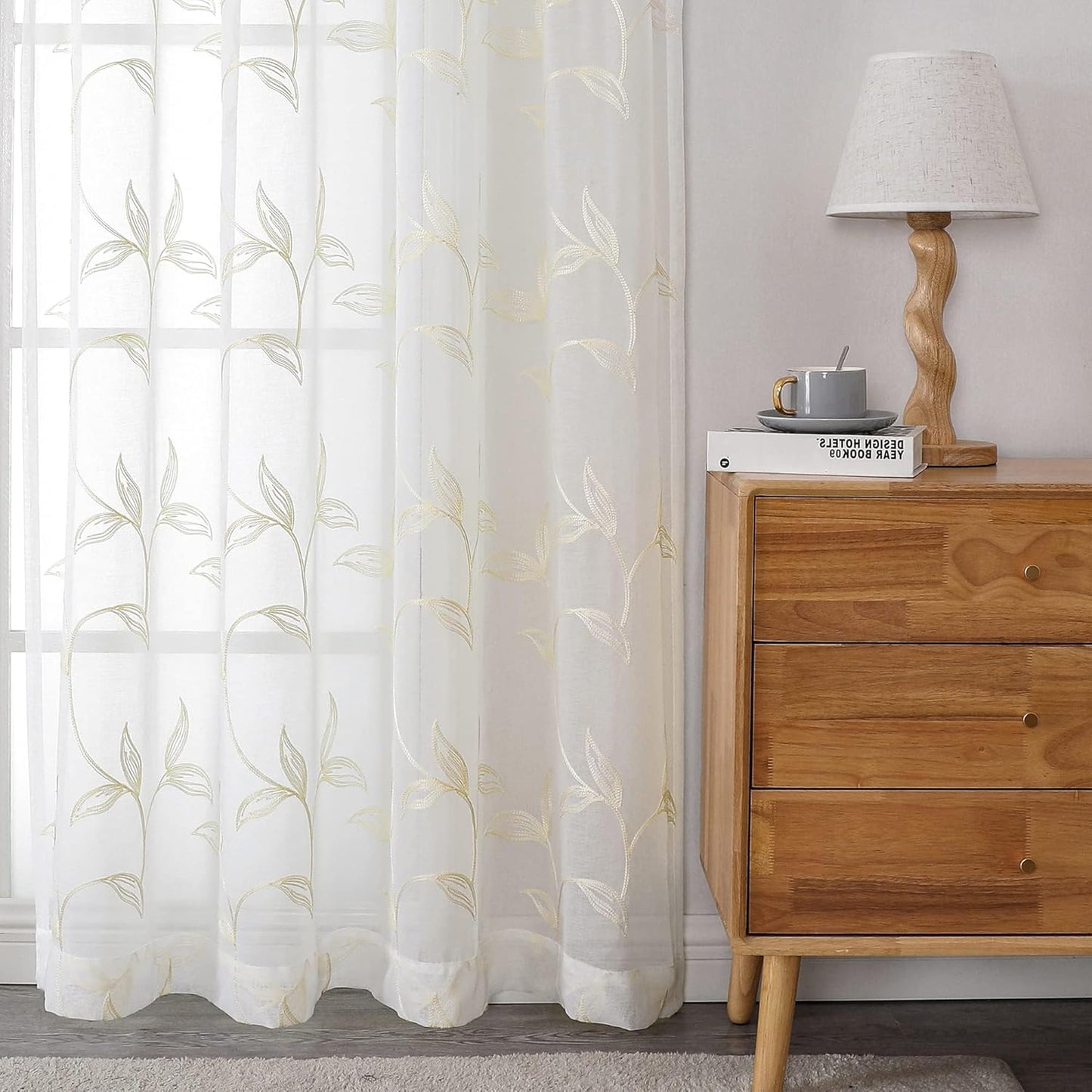 VISIONTEX Sheer Curtains 54 inch Length 2 Panels Set, White Voile Crushed Cream Vine Leaves Embroidery, Rod Pocket Embroidered Window Drapes for Living Room and Bedroom, 54" x 54"