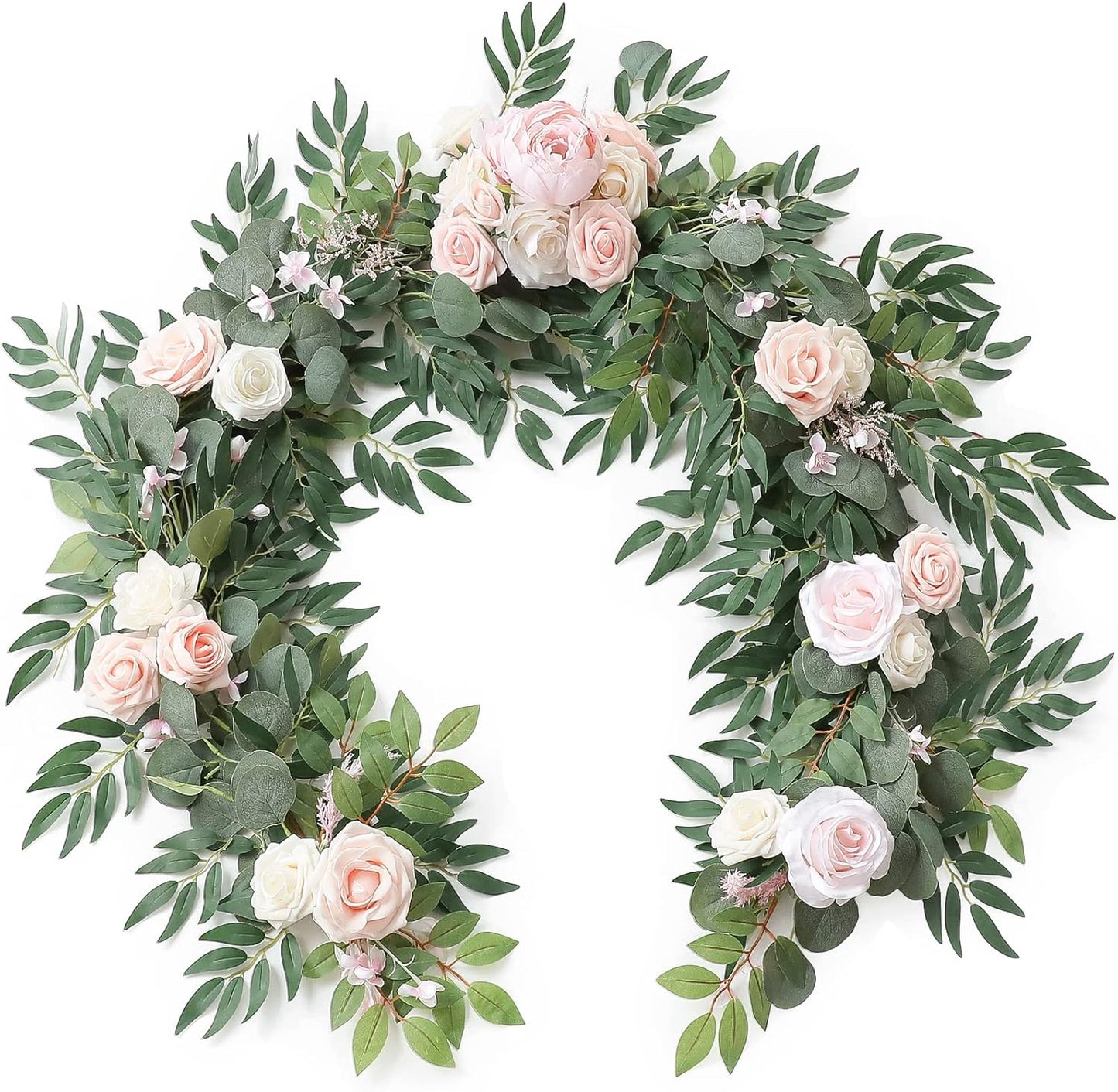 Floroom 6ft Artificial Eucalyptus Garland with Flowers Fake Greenery Faux Floral Vine Garland for Table Decor Wedding Centerpieces Bridal Shower Party Decorations, Blush & Cream