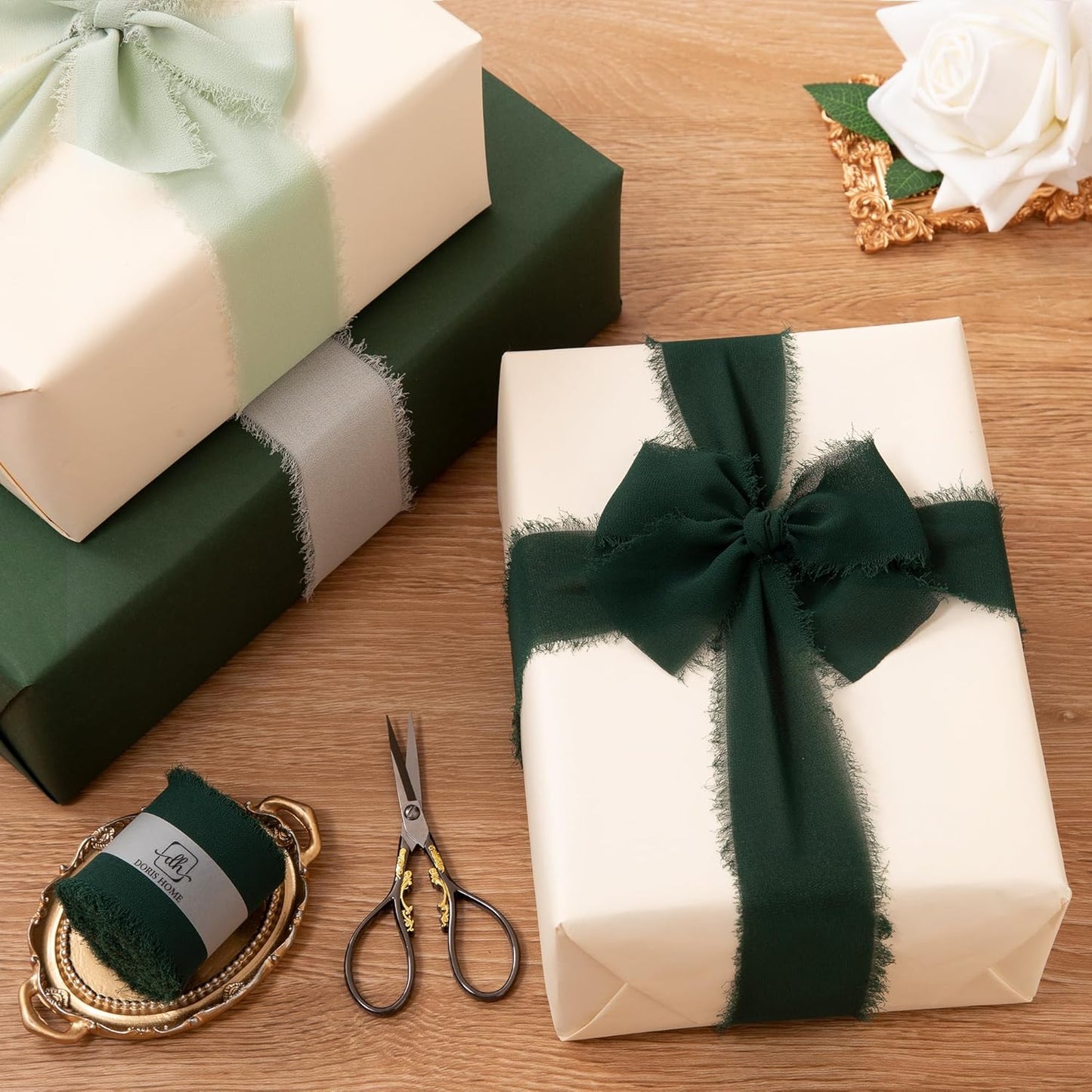 DORIS HOME Dark Green Chiffon Ribbon for Flower Bouquet, 2" x21Yd Fabric Ribbon for Gift Wrapping, Handmade Frayed Ribbon for Wedding/Christmas Decorations