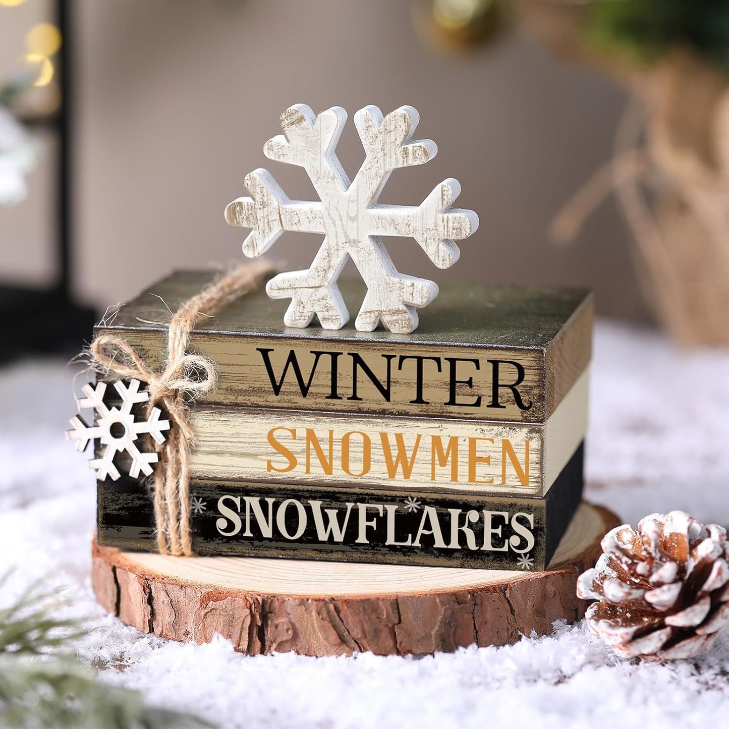 4 Pcs Winter Table Decorations Snowmmen Tiered Tray Decorations Christmas Mini Snowflake Wooden Books Signs for Office Shelf Classroom Tabletop Bookshelf
