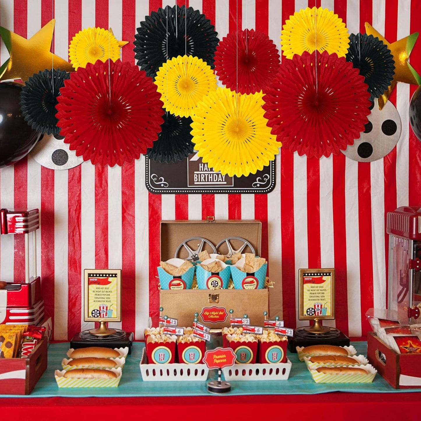 18 Pcs Red Yellow Black Hanging Paper Fan, Hanging Honeycomb Round Paper Fans for Weddings, Birthdays, Christmas, Baby Showers, Classroom, Events Ceiling Party Supplies Decorations