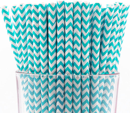 Pack of 900 Turquoise Chevron Biodegradable 4-Ply Paper Drinking Straws (Compostable, Non-toxic, BPA-free)