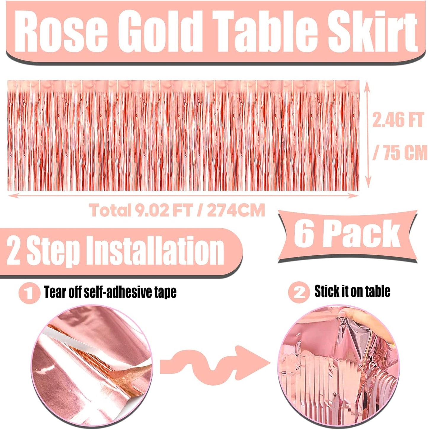 6 Pack 29x108 Inch Metallic Foil Fringe Tinsel Table Skirts Banner for Rectangle Tables Streamer Garland Curtains Backdrop for Wedding, Birthday, Parade Floats, Christmas Party Decoration(Rose Gold)