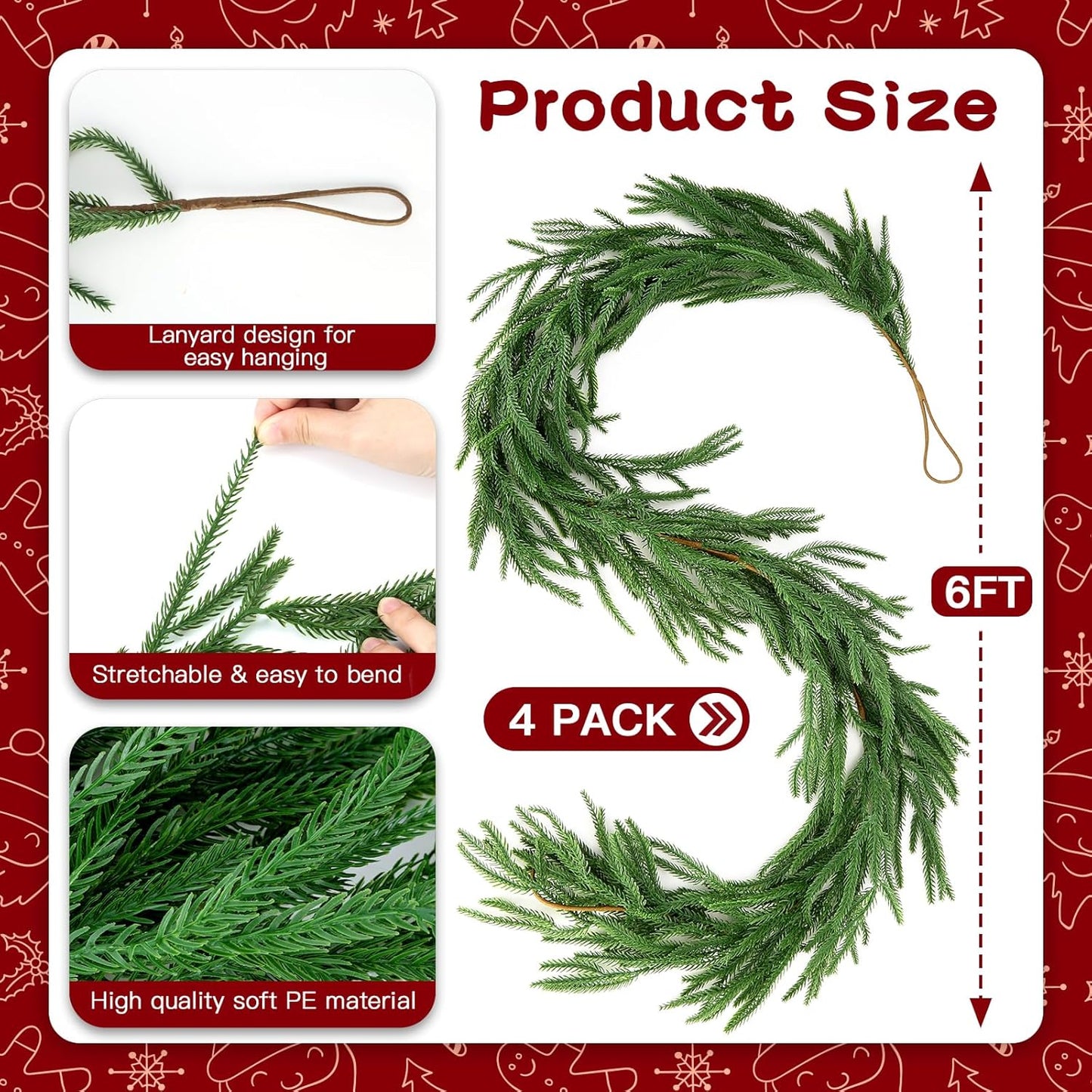 Artificial Norfolk Pine Garlands,Real Touch Artificial Greenery Garland for Table, Mantle, Wall,Indoor Outdoor Holiday Winter Christmas Decorations (4, 6FT)