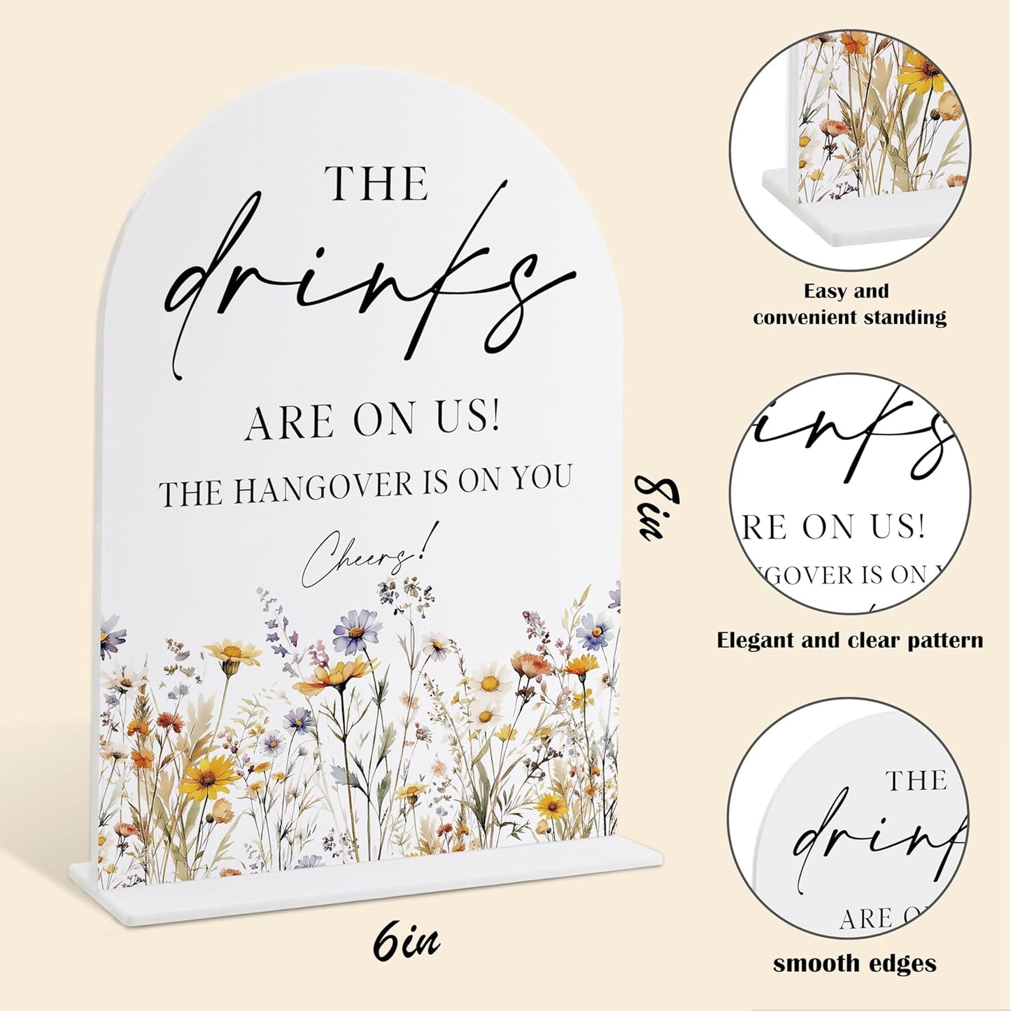Wedding Signs for Ceremony and Reception, Boho Floral Acrylic Drinks are on Us Hangover is on You Sign, Wedding Signage with Stand, Bridal Shower Table Centerpieces, Supplies for Engagement Party, 35