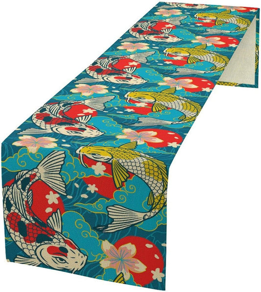 Japanese Kio Fish Table Runner Oriental Tradition Cherry Art Printed Burlap Runner Home Kitchen Dining Table Living Room Decor Fabric 1 Panel W13xL120in
