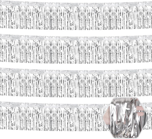 4 Pack 10 Feet Silver Foil Fringe Garland Metallic Tinsel Streamers Banner Wall Hanging Curtain Backdrop for Parade Floats, Wedding, Graduate, Mother's Day, Birthday Party Decoration
