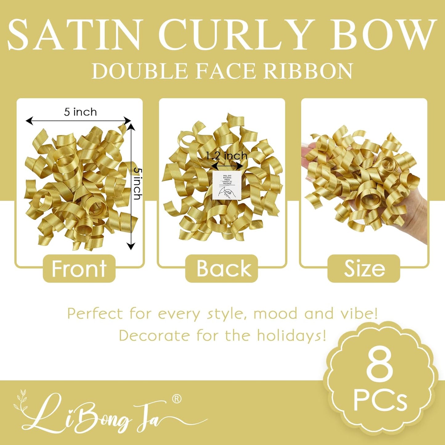 5 Inch Gold Bows Curly Ribbon Bows for Gift Wrapping, Satin Bows with Double-Sided Tape, Self Adhesive Bows for Party, Wedding, Birthday Decor, Premade Bows for Crafts, Wine Glasses-8 PCs