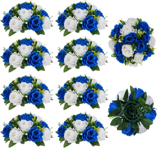 BLOSMON Rose Flowers Artificial for Decoration: 10 Pcs Royal Blue White Fake Kissing Balls for Wedding Table Centerpieces - Artificial Silk Floral Bouquet Arrangements for Home Party DIY Decor