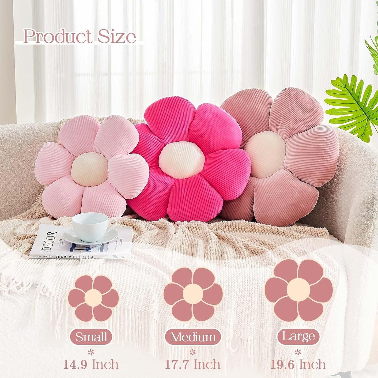 Pink Flower Pillow, 17.7" Cute Flower Shaped Floor Pillow, Aesthetic Floral Plush Daisy Decorative Throw Pillows for Bed Sofa Couch