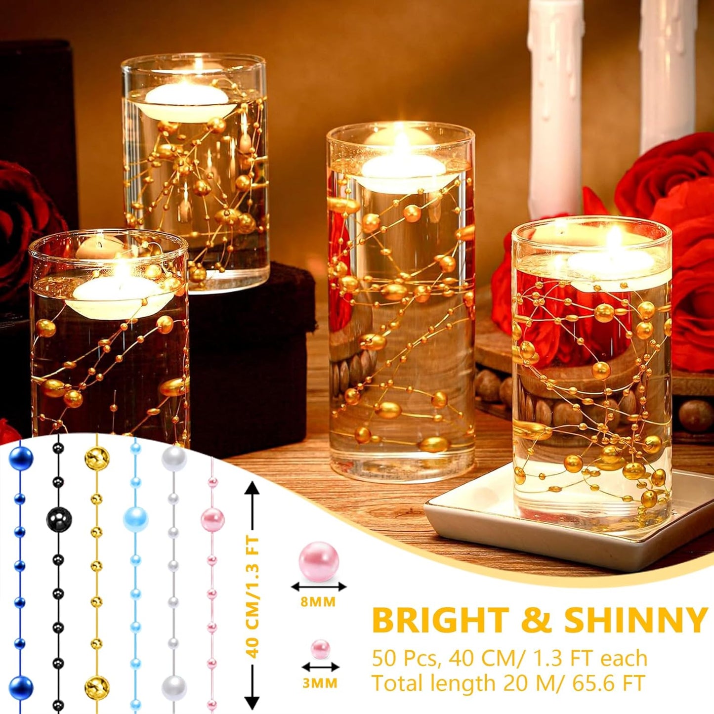 50 PCS Artificial Floating Beads for Centerpieces Vases, Rose Gold 8+3mm String Beads for Wedding Party Faux Pearl String for Decorating, Vase Filler