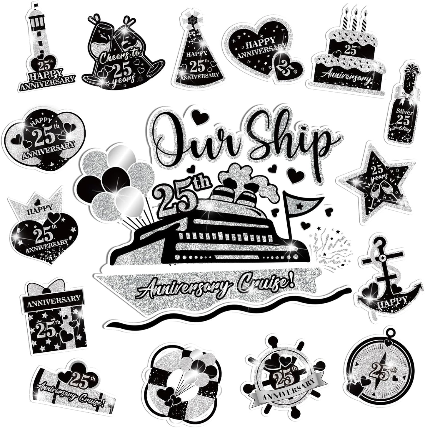 25th Anniversary Cruise Door Magnets Decorations, Black Silver Happy 25th Anniversary Cruise Ship Door Decor Magnetic for Married in 2000 Men Women Wedding Party Refrigerator Fridge Car Kitchen Garage