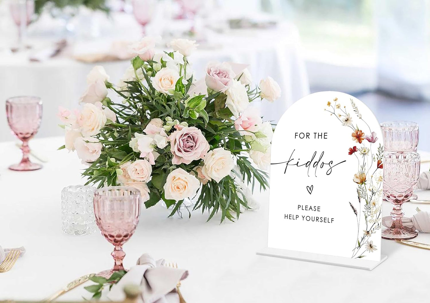 Boho Floral For the Kiddos Favors Sign, 6 x 8 Inch White Arch Acrylic Wedding Sign with Holder, Wedding Sign for Ceremony and Reception, Wedding Decoration, Wedding Supplies - BX27