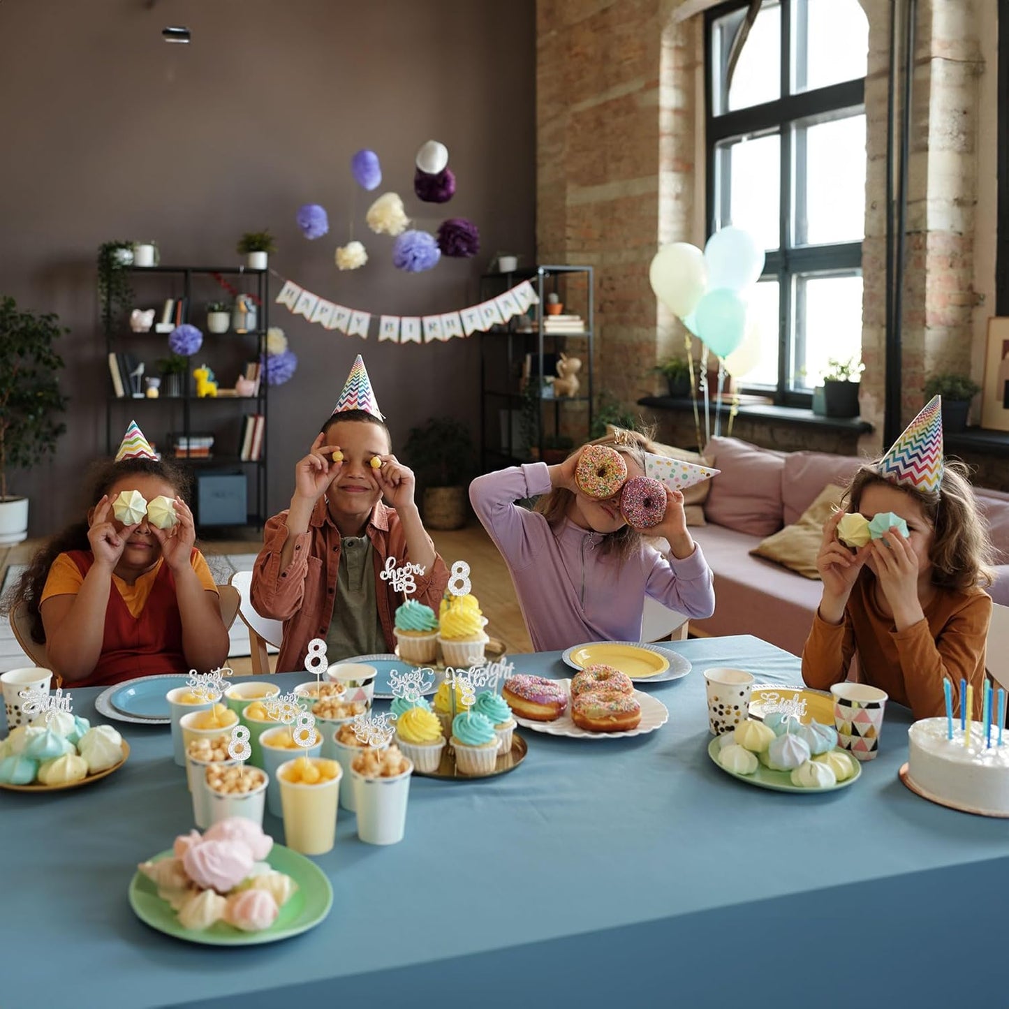 30Pcs 8th Birthday Cupcake Toppers Glitter Eight Hello 8 Cupcake Picks Cheers to 8 Years Old Cake Decorations for 8th Birthday Party Supplies Silver