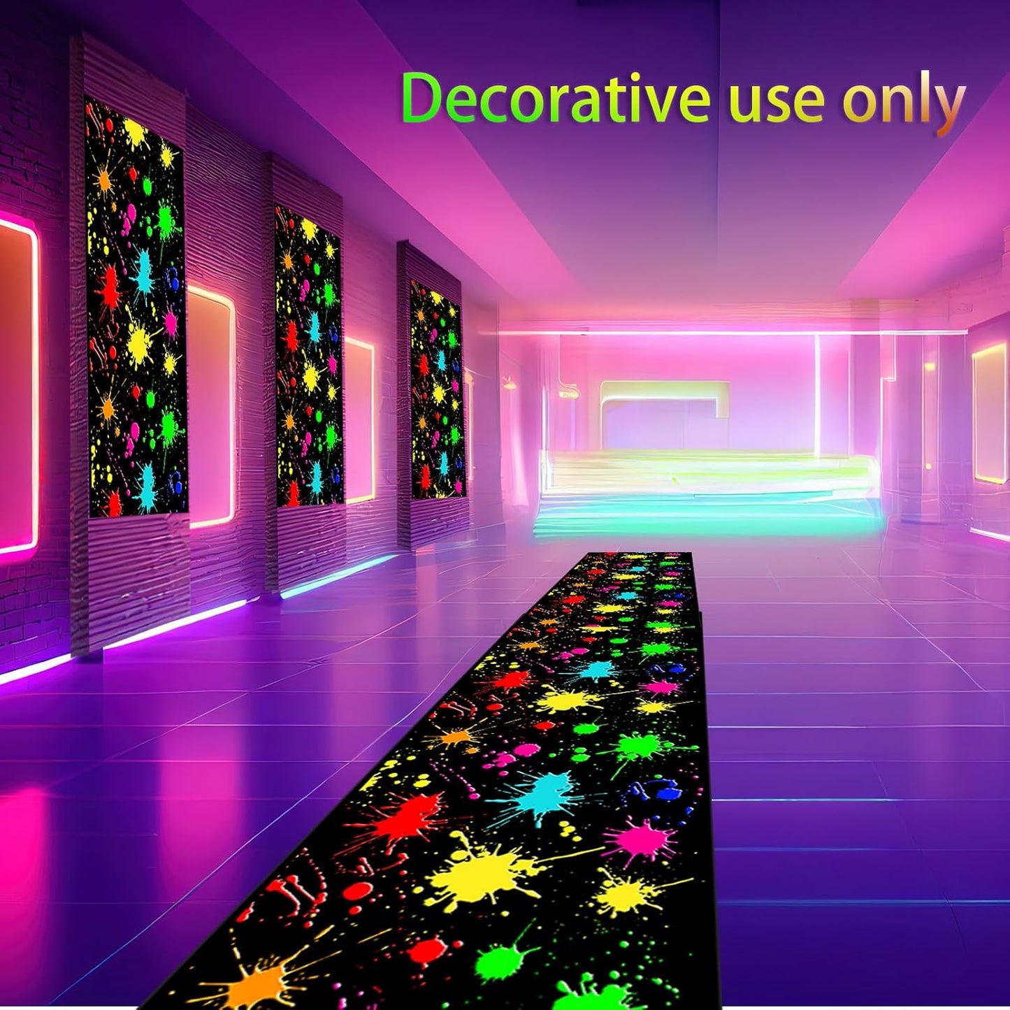 Haull 118 x 39 Inch Neon Light up Dance Floor Glow in The Dark Runner UV Reactive Blacklight Floor Aisle Runner Decor Wall Props for 80s 90s Neon Birthday Party Decorations(Paint Splatter)