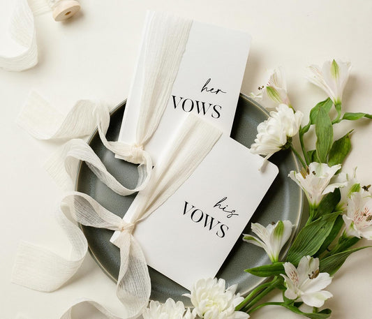 White Vow Books with Ribbons (Set of 2) - 5.625 x 4 Minimalist Pocket Sized Wedding Ceremony Vow Renewal Speech, Gift for Bride to Be & Newly Engaged Couple, 48 Lined Pages
