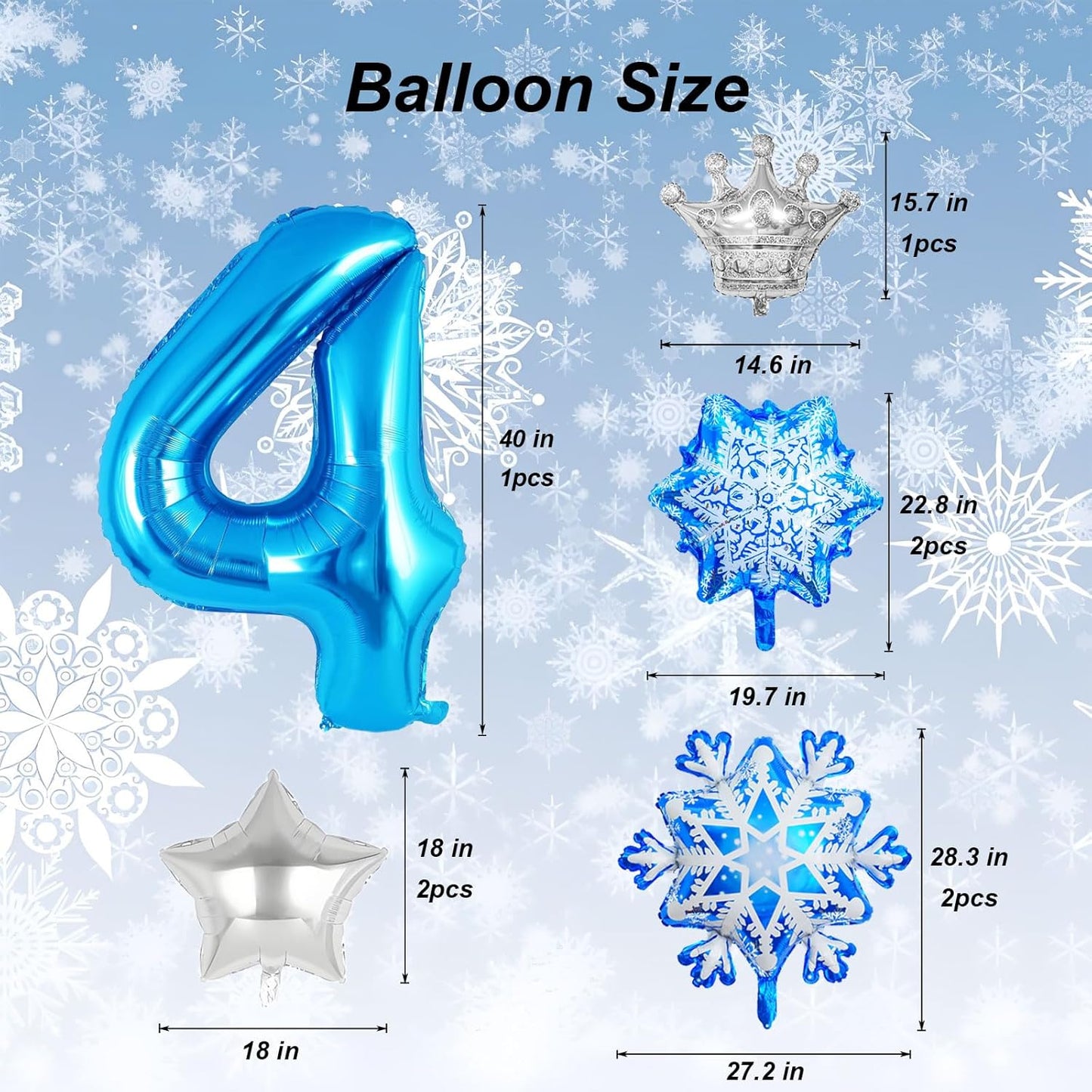 8Pcs Winter Wonderland Decorations - 40inch Blue Number 4 Balloons - Crown Balloons for Winter Wonderland Party Decorations - Birthday Decoration