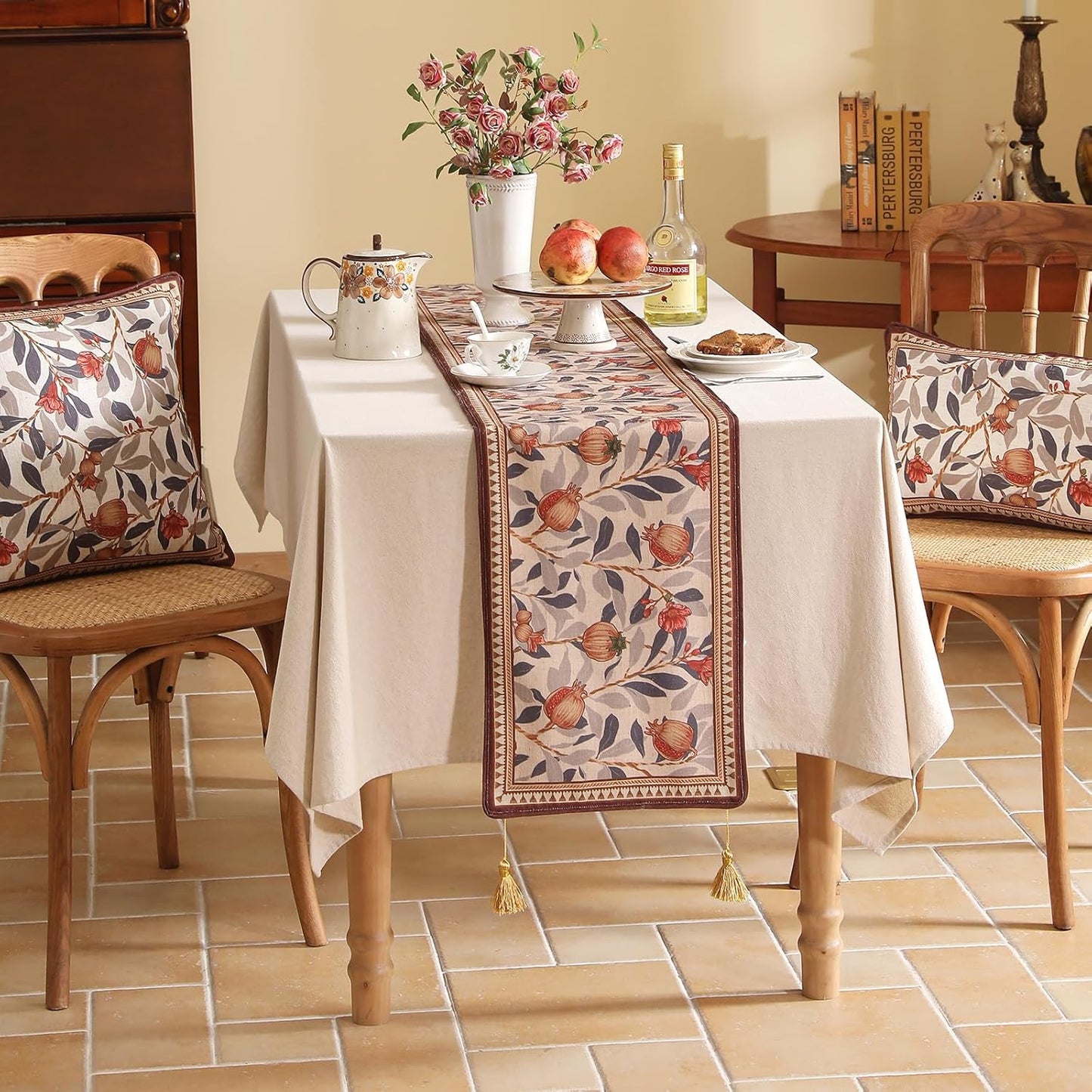 patdrea Designer Vintage SaddleBrown Linen Table Runner 102 Inch Long, Pomegranates Pattern Table Mat, Decoration for Kitchen Dining Table Coffee Table Shelf Cabinet Banquet Christmas ,12"*102"