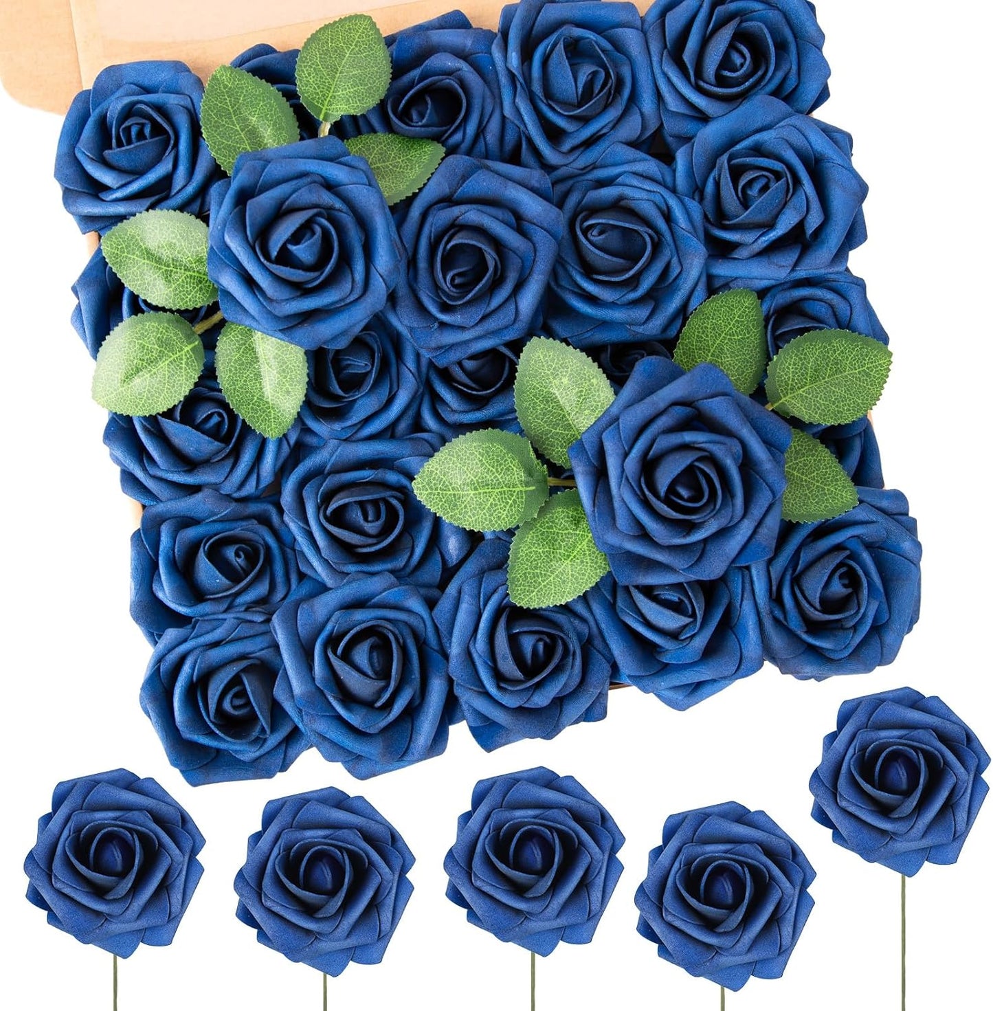 N&T NIETING Artificial Flowers Navy Blue Roses 50Pcs Fake Flowers Foam Roses with Stems for DIY Wedding Bridesmaid Bridal Bouquets Centerpieces Party Home Decoration Baby Shower