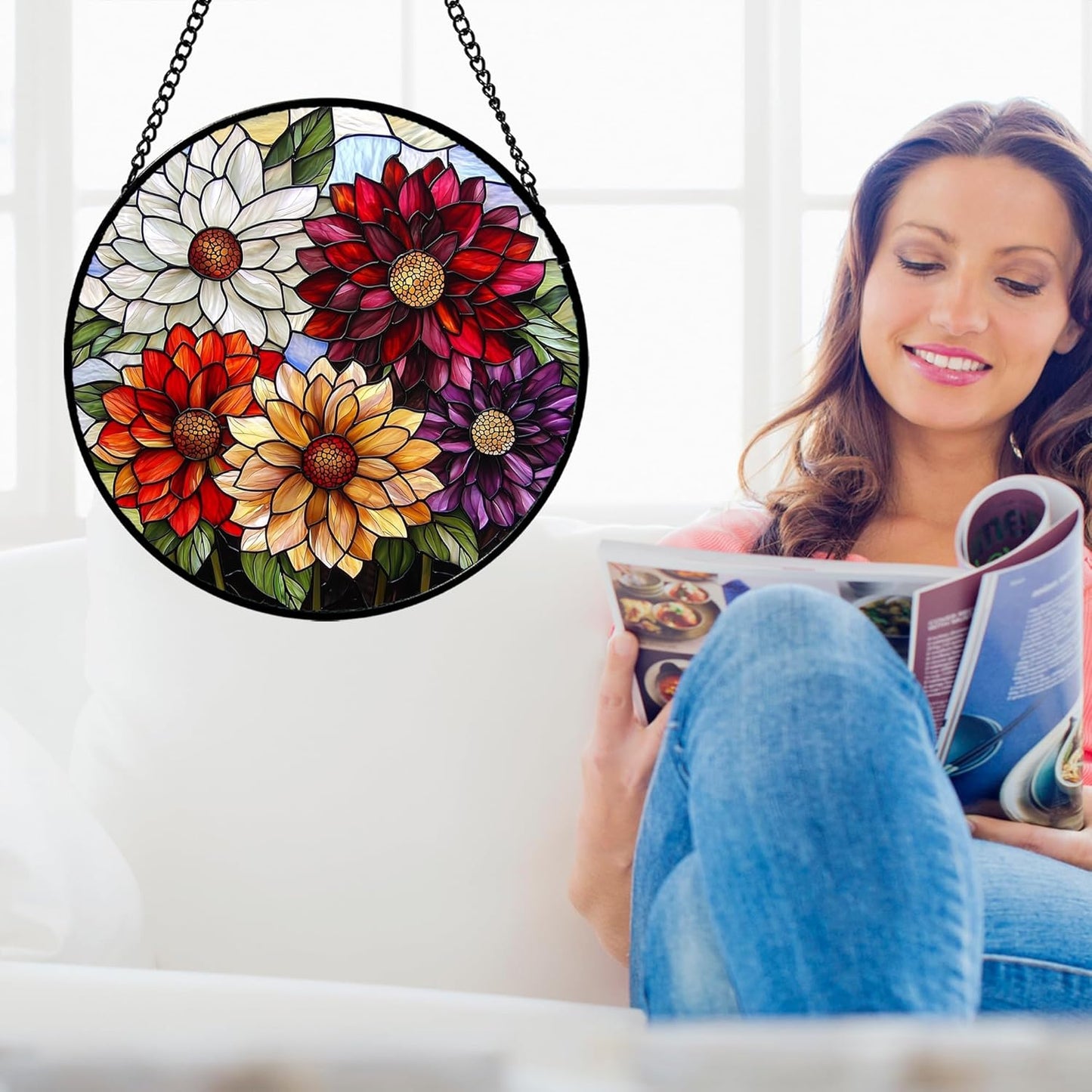 Stained Glass Window Hanging, Colorful Flowers Sun Catcher for Window Door Home Decor Plant Suncatcher Christmas Mother's Day Birthday Gifts for Women Men Mom and Nana 7.8 in